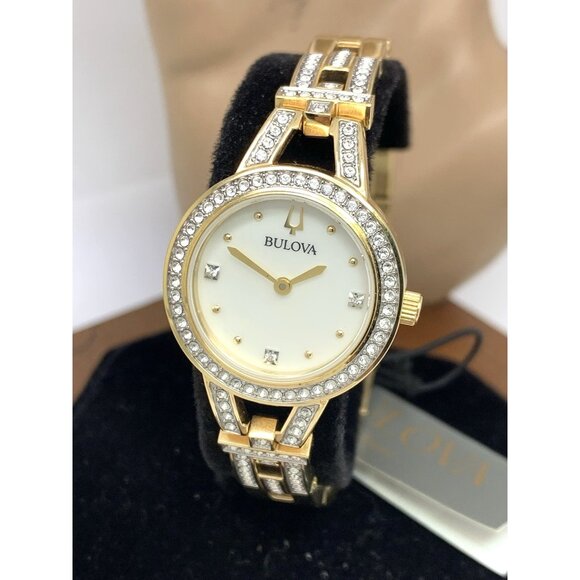 Bulova Women's Watch 98L325 Mother of Pearl Dial Gemmed Gold Steel 25mm - Picture 1 of 14
